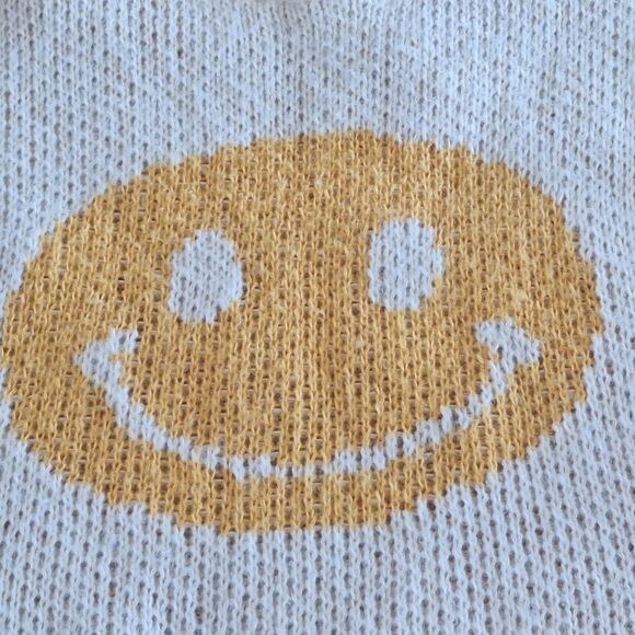 Smiley Face Sweater Yellow Striped Loose Knit Pullover Small by Easel NWT Cream - Picture 7 of 16